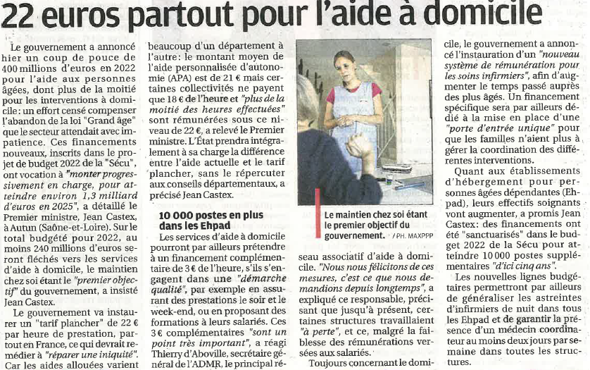 LA PROVENCE : 22 euros partout pour l'aide à domicile.